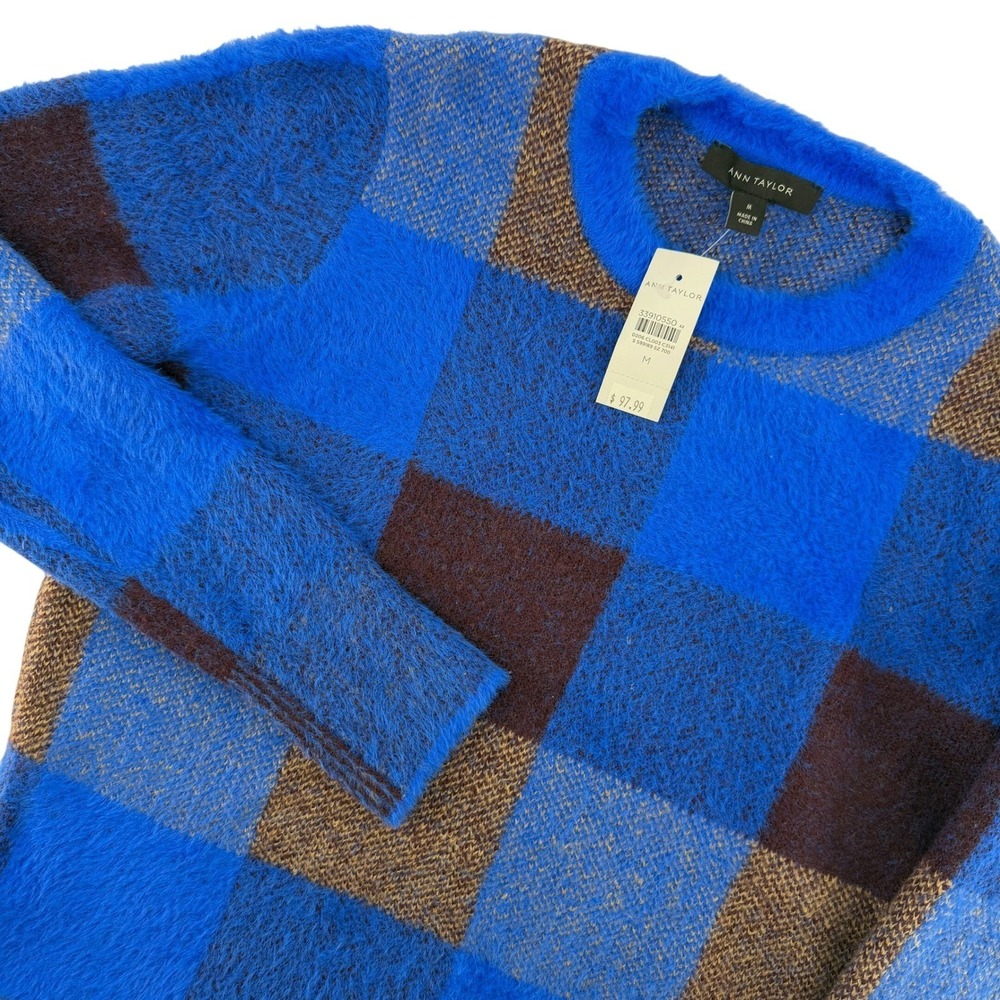 NWT Ann Taylor Plaid Fuzzy Knit Sweater Womens M Blue Brown Crew Neck Pullover